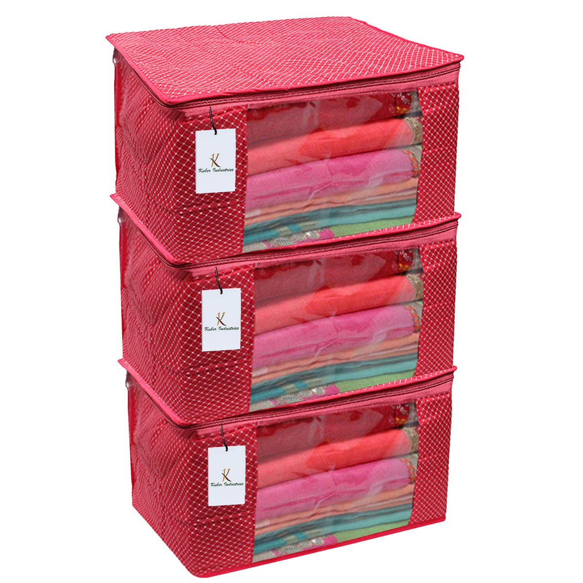 Kuber Industries Cotton 3 Pieces Three Layer Quilted Extra Large Saree Cover (Pink)-CTKTC025470