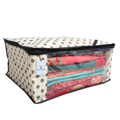 Kuber Industries Polka Dot Design 3 Piece Non Woven Fabric Saree Cover Set with Transparent Window, Extra Large, Ivory-CTKTC31924