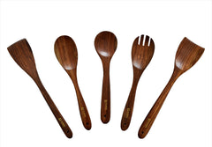 Kuber Industries Sheesham Handicrafts Wooden Serving and Cooking Spoons | No Harmful Polish | Naturally Non-Stick | Wood Brown Spoons Kitchen Utensil | Handmade Spatula Set of 5