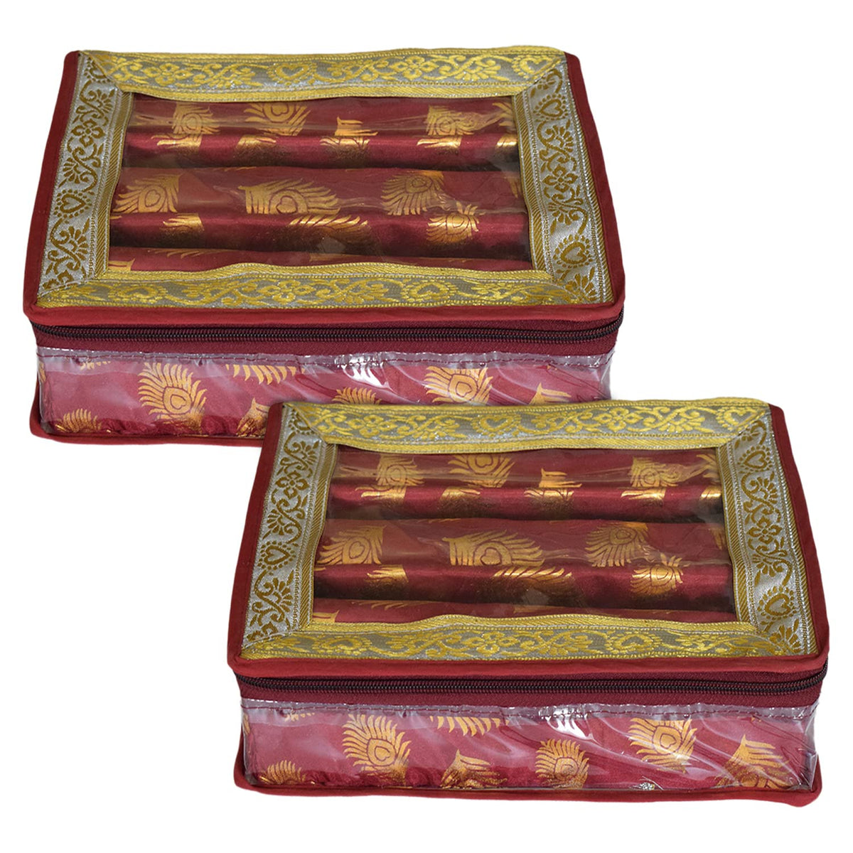 Heart Home Multipurpose Feather Design Laminated 3 Rod Bangle Box/Organizer/Case With Tranasparent Top - Pack of 2 (Maroon)-47HH0203