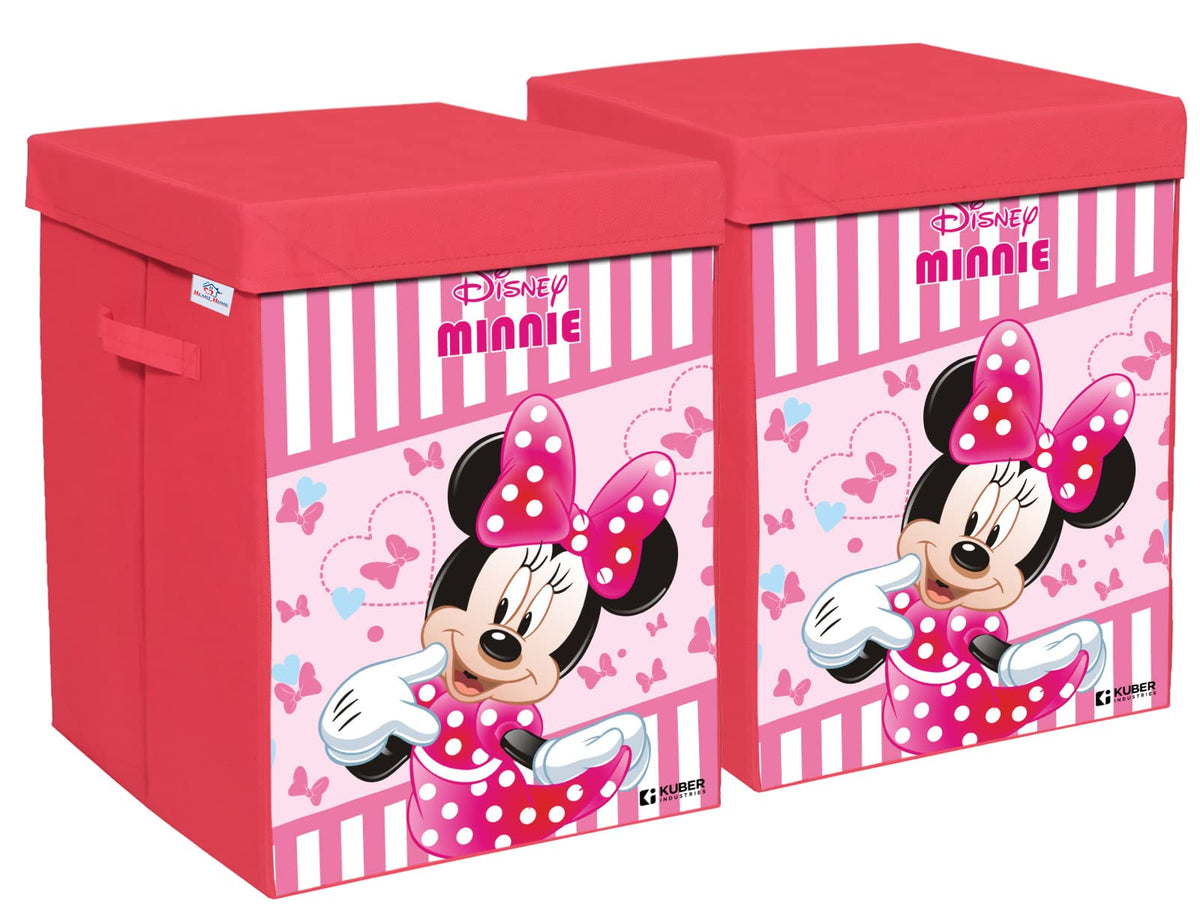 Heart Home Disney Minnie Print Foldable Laundry Basket|Clothes Storage Basket With Handle & Lid,60 Ltr.Pack of 2,(Pink)