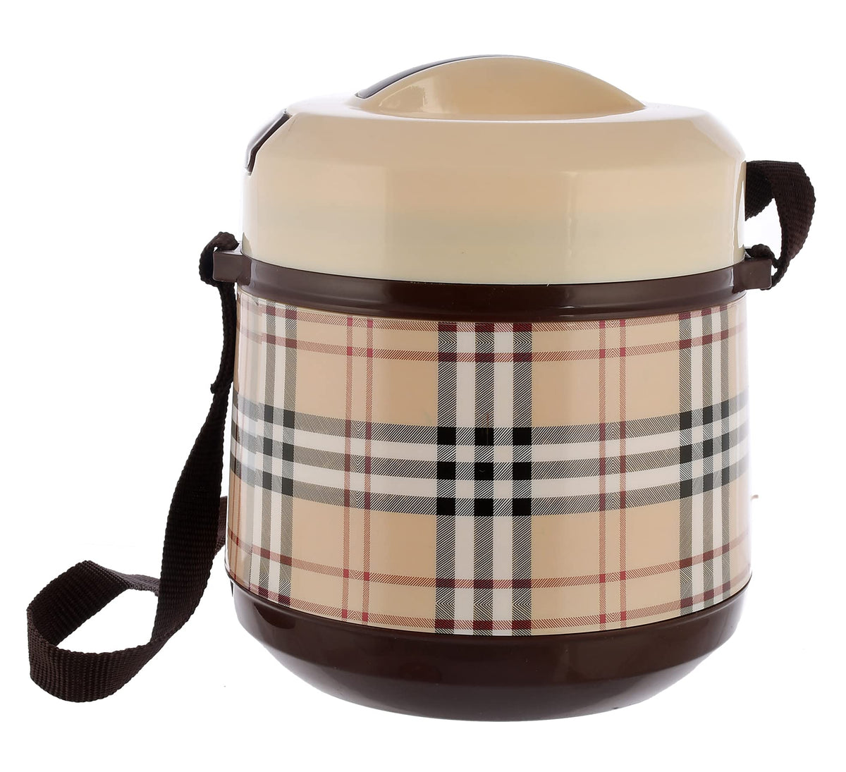 Kuber Industries Check Deisgn BPA Free Food Grade Insulated Lunch Box with 2 Steel Container & 1 Plastic Pickel Box (Cream & Coffee), Standard