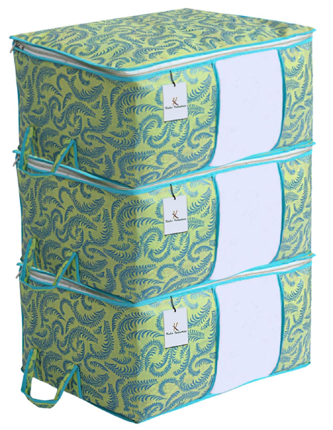 Kuber Industries Non-Woven Metallic Print Underbed Storage Bag, /Organizer|Blanket Cover - Set of 3 (Olive Green)