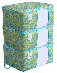 Kuber Industries Non-Woven Metallic Print Underbed Storage Bag, /Organizer|Blanket Cover - Set of 3 (Olive Green)