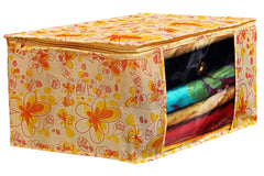 Fun Homes Flower Printed 4 Pieces Non Woven Fabric Saree Cover/Clothes Organiser for Wardrobe Set with Transparent Window, Extra Large (Ivory & Red)