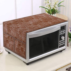 Heart Home Wooden Check Printed PVC Decorative Microwave Oven Top Cover with 4 Utility Pockets (Brown)