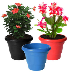 Heart Home Solid 2 Layered Plastic Flower Pot|Gamla for Home Decor,Nursery,Balcony,Garden,8"x 6",Pack of 3 (Black & Blue & Red)