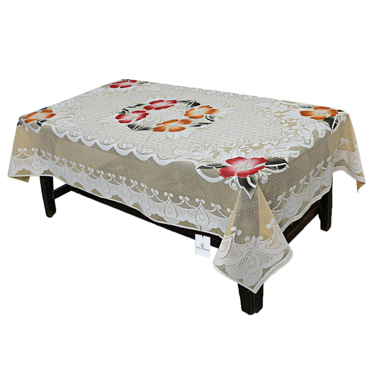 Kuber Industries Floral Cotton Center Table Cover for 4 Seater - Cream (KI3556)