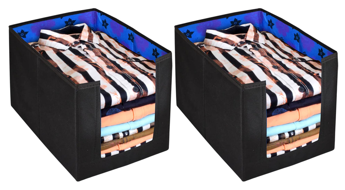 Kuber Industries Flower Printed Non-Woven Foldable Shirt Stacker Closet Organizer With Handles- Pack of 2 (Black & Blue)-HS43KUBMART26518