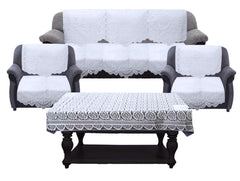 Kuber Industries Circle Design Cotton 7 Pieces 5 Seater Sofa Cover with Center Table Cover Set (White) KUBMART02967