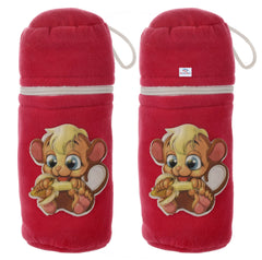 Heart Home Cartoon Printed Velvet Newborn Baby Feeding Bottle Cover, Pack of 2 (Pink)