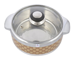 Heart Home Check Printed BPA Free Food Grade Inner Stainless Steel Casserole Keeps Chapati, Food, Curry With Toughened Glass Lid, 1500ml- Pack of 2 (Brown)-HS42KUBMART25024
