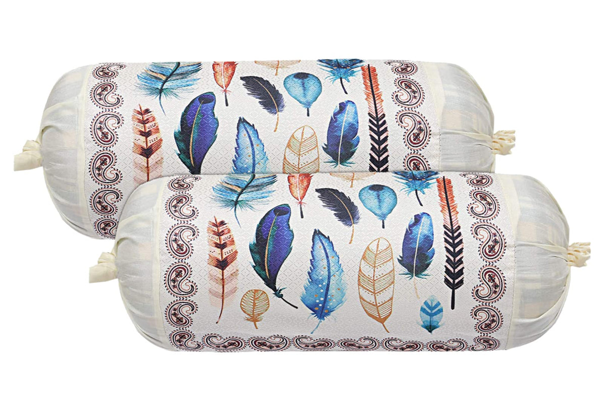 Kuber Industries Bolster Cover|Polyester Bolster Cover Set|Diwan Round Bolster Pillow Covers|Luxurious Feather Print Roll Masand Cover|Pack of 2 (Cream)