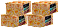 Fun Homes Flower Printed 4 Pieces Non Woven Fabric Saree Cover/Clothes Organiser for Wardrobe Set with Transparent Window, Extra Large (Ivory & Red)