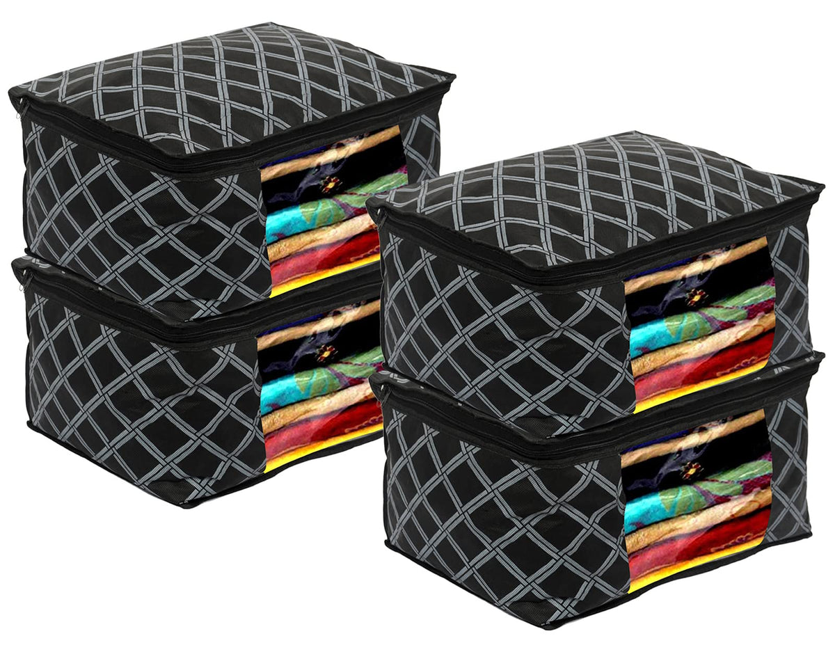 Kuber Industries Check Print Non-Woven Foldable Saree Cover|Clothes Storage For Saree, Lehenga, Suit With Top Transparent Pack of 4 (Black)