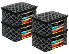 Kuber Industries Check Print Non-Woven Foldable Saree Cover|Clothes Storage For Saree, Lehenga, Suit With Top Transparent Pack of 4 (Black)