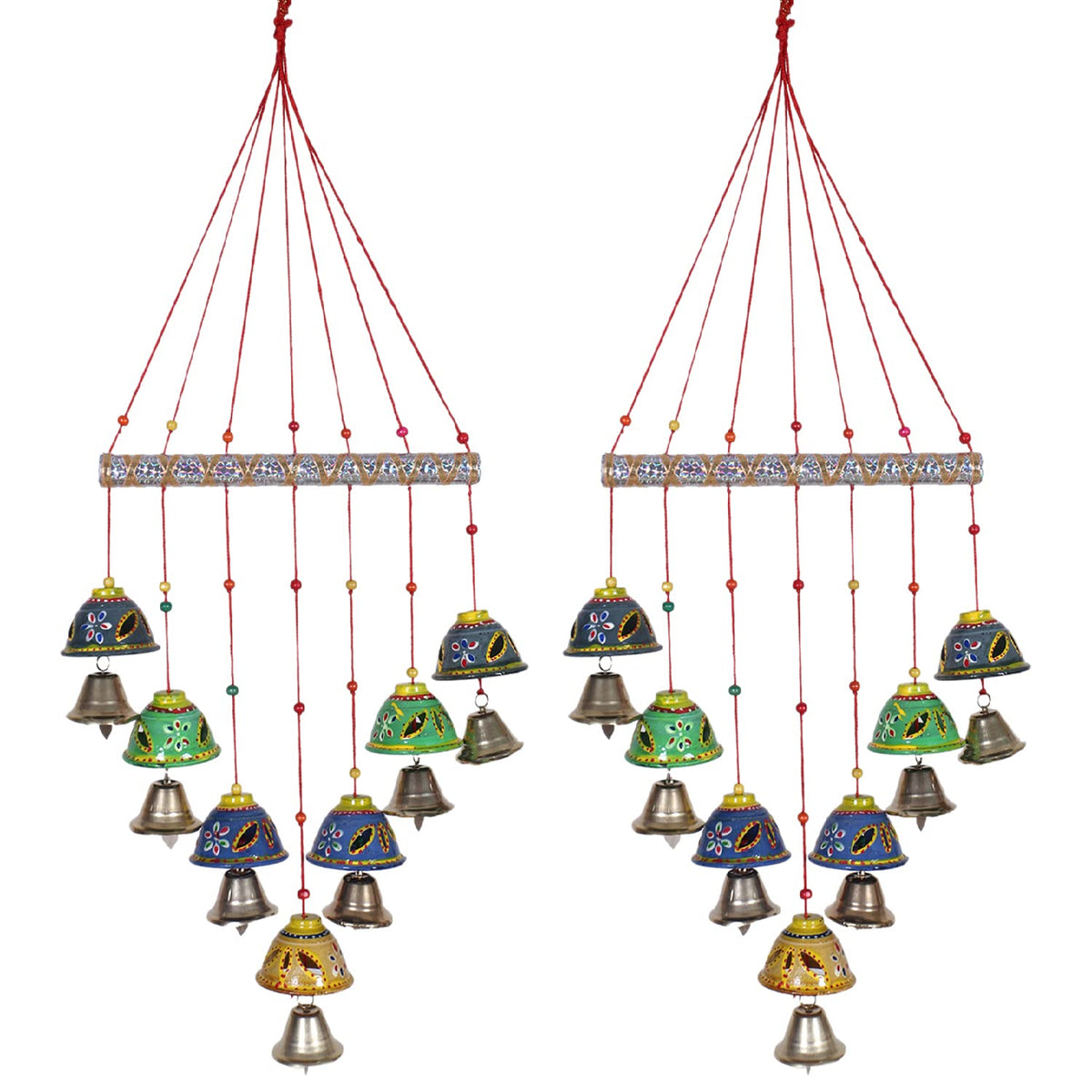 Kuber Industries Decorative Wooden Rajasthani Based Handmade Windchimes with Bells for Home & Balcony Decoration,Pack of 2 (Multicolor)