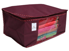 Heart Home 3 Pieces Non Woven Fabric Saree Cover/Clothes Organiser for Wardrobe Set with Transparent Window, Extra Large (Maroon)- HEART6950