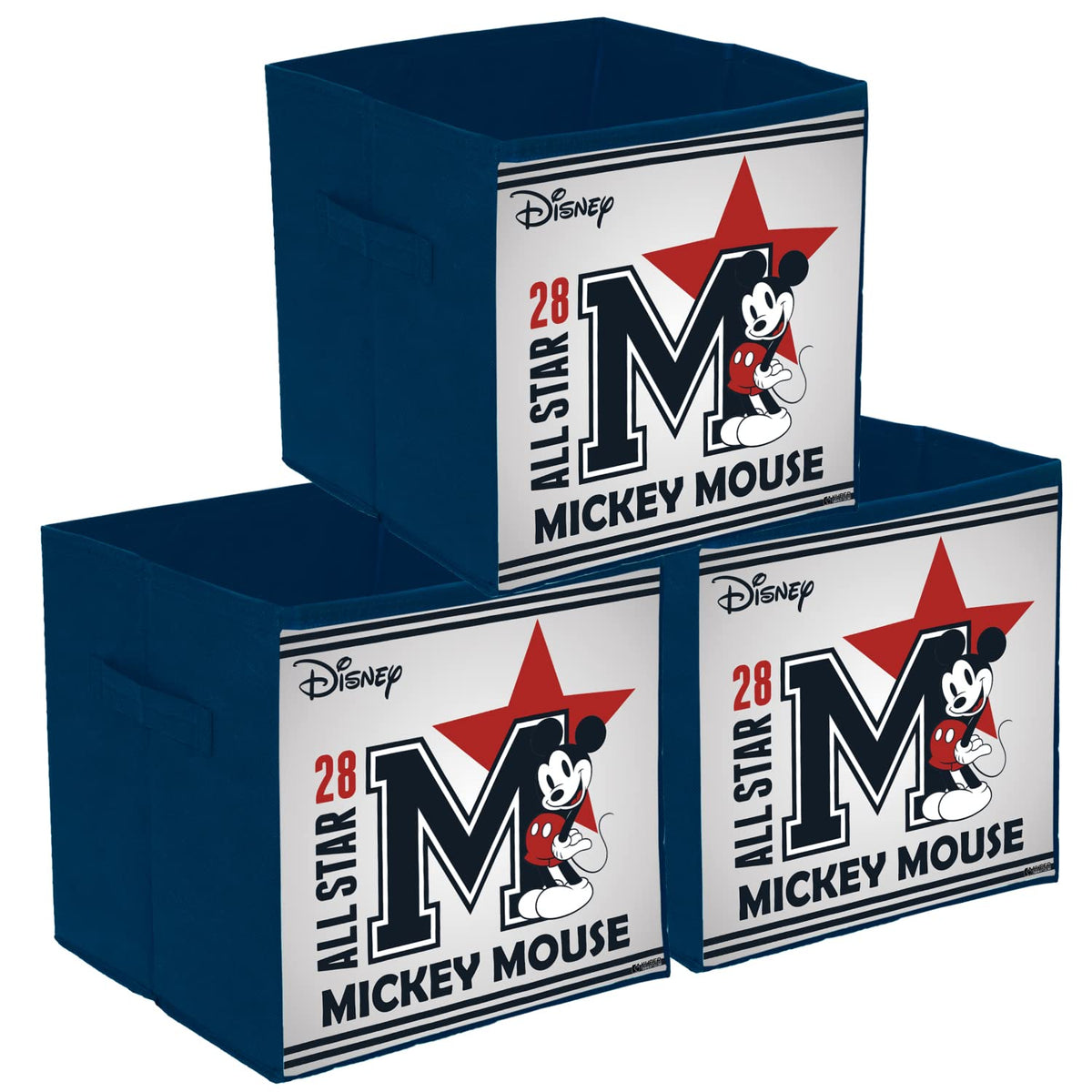 Kuber Industries Disney Star Mickey Print Durable & Collapsible Square Storage Box|Clothes Organizer With Handle,Pack of 3 (Navy Blue)
