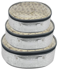 Heart Home Round Design Rexine 3 Pieces Make Up Jewellery Vanity Travelling Cosmetic Multipurpose Box (Silver), Collection - HEART1785