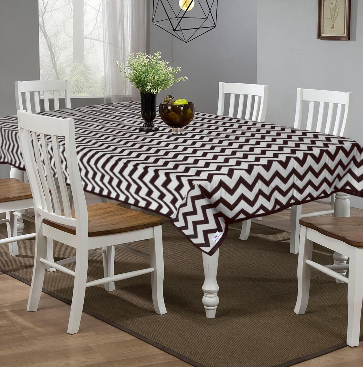 Heart Home Cotton Zig Zag Print 6 Seater Dining Table Cover/Table Cloth for Home & Dining Table (Brown) 54HH4374.
