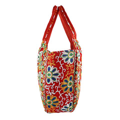 Kuber Industries Multiuses Velvet Floral Design Hand Bag/Tote Bag For Daily Trips, Travel, Office Pack of 2 (Red) 52KM3991
