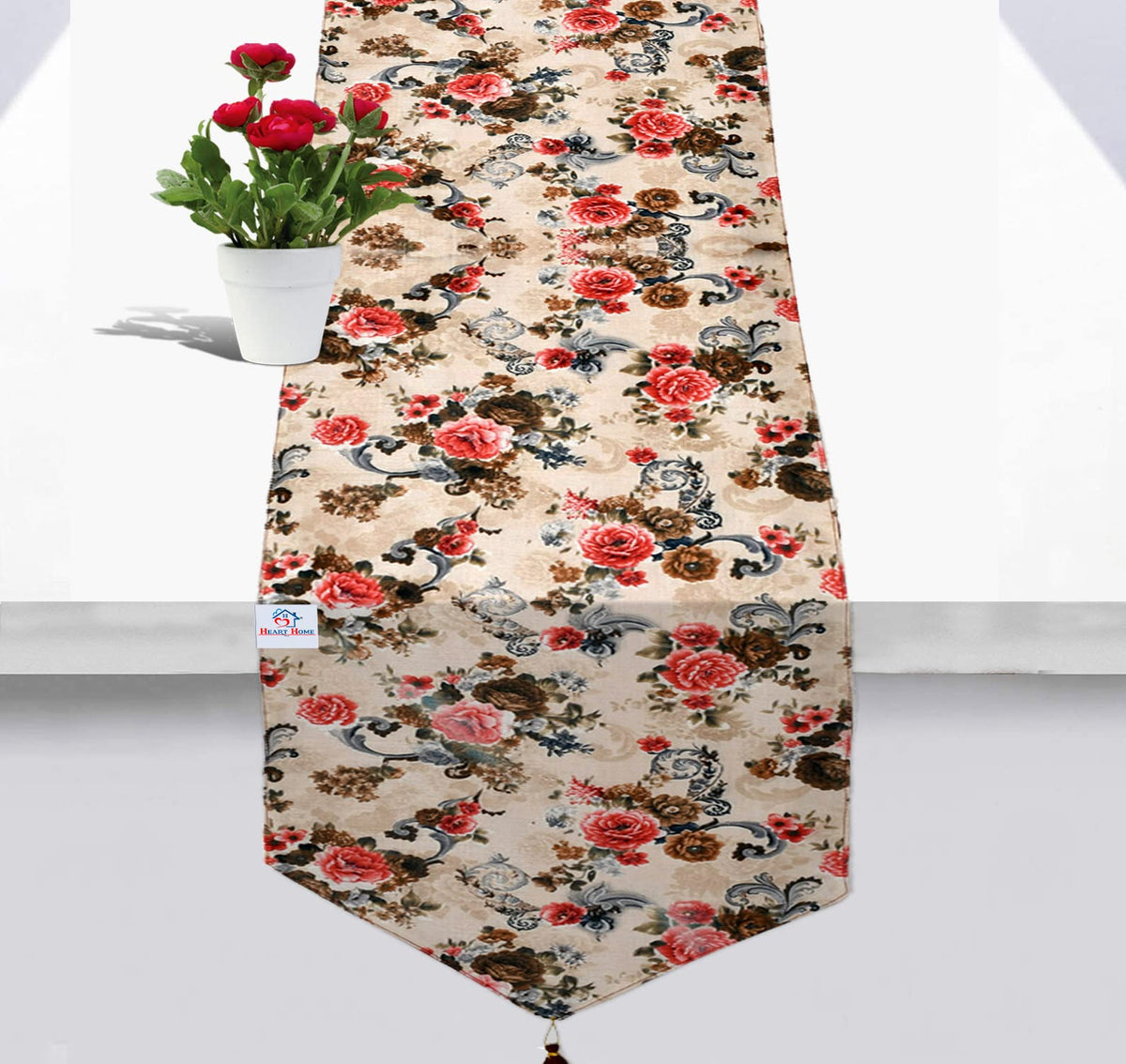 Heart Home Flower Design Machine Washable Cotton Table Runner for Dining Table, 16"x68"inch (Pink)