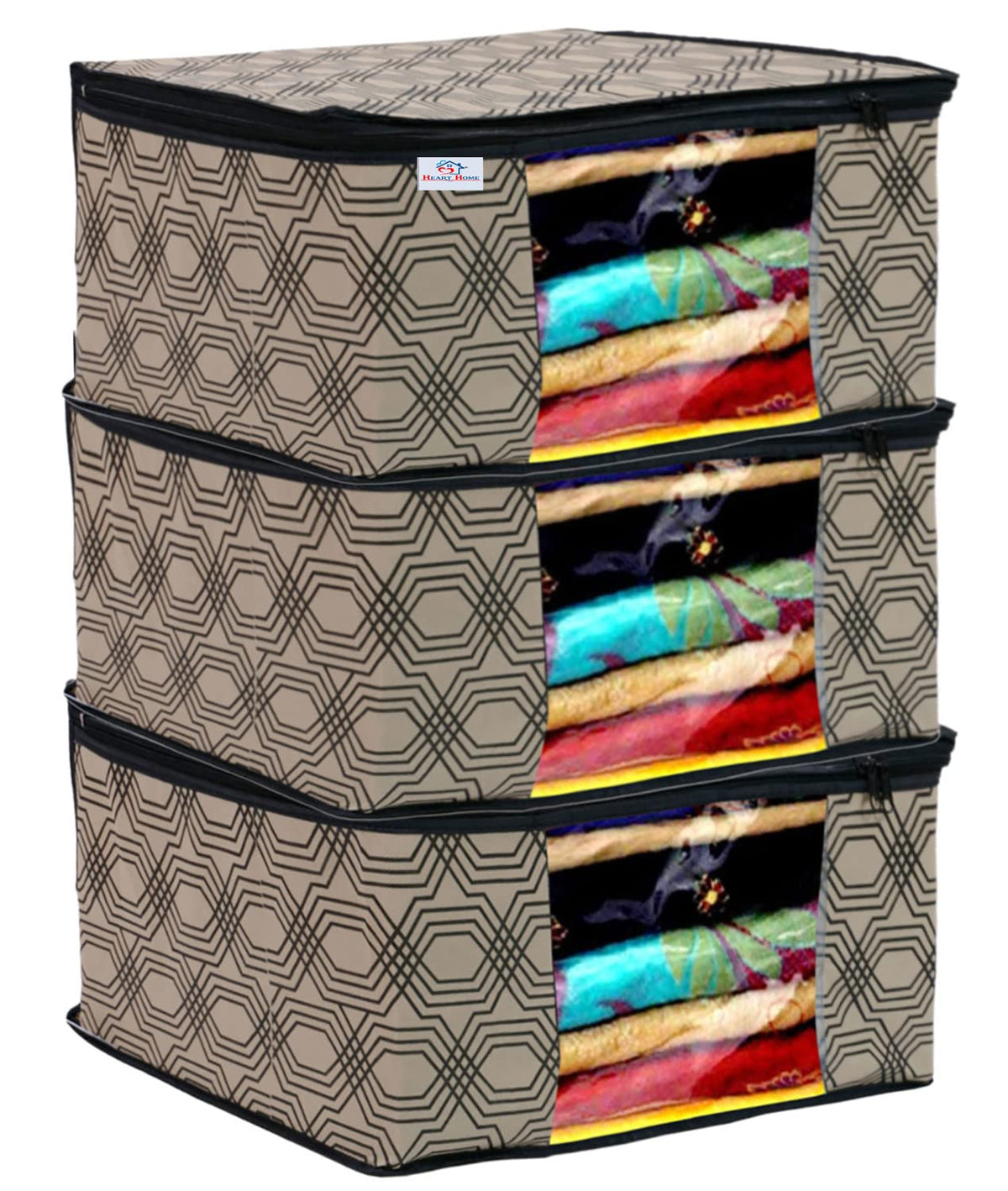 Heart Home Honeycomb Print Non-Woven Foldable Saree Cover|Clothes For Home & Traveling With Transparent, Extra Large Pack of 3 (Cream)