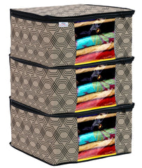 Heart Home Honeycomb Print Non-Woven Foldable Saree Cover|Clothes For Home & Traveling With Transparent, Extra Large Pack of 3 (Cream)