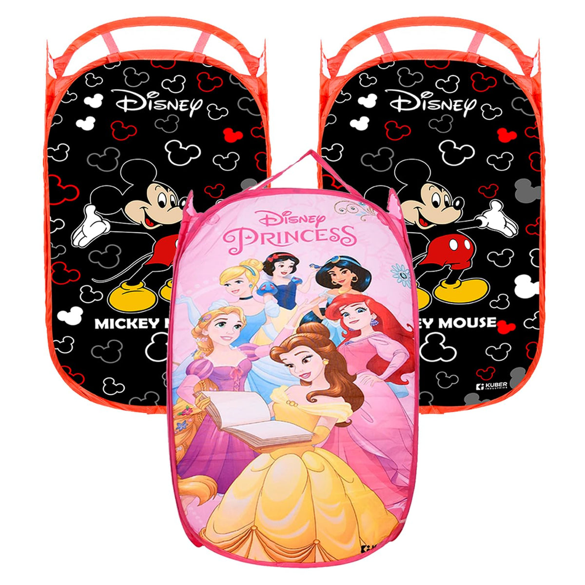 Kuber Industries Laundry Basket | Disney Mickey & Princess Net Foldable Laundry | Nylon Storage Basket with Handle | Toy Storage Basket | 30 LTR | Pack of 3 | Multicolor