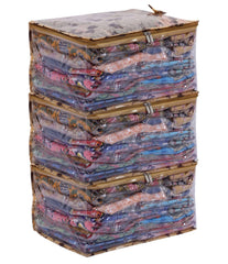 Kuber Industries Floral Print PVC Laminated Foldable Bow Saree Cover|Clothes|Wardrobe Organizer For Home & Travle With Transparent, Extra Large Pack of 3 (Gold)