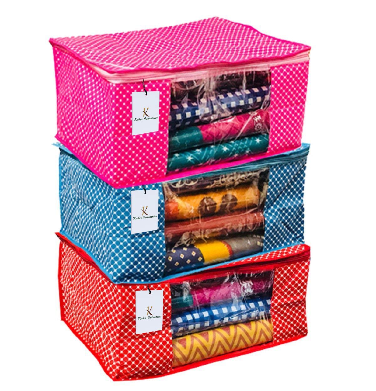 Kuber Industries 3 Pieces Quilted Polka Dots Cotton Saree Cover Set, Red, Pink and Purple