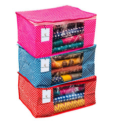 Kuber Industries 3 Pieces Quilted Polka Dots Cotton Saree Cover Set, Red, Pink and Purple