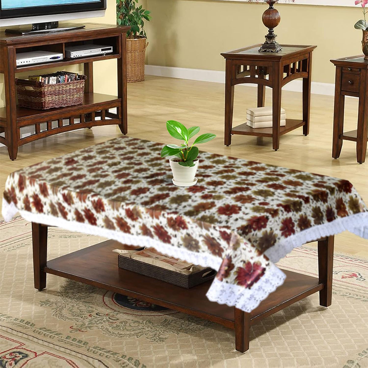 Heart Home Flower Printed PVC 4 Seater Center Table Cover, Protector with White Lace Border, 40"x60" (Brown)
