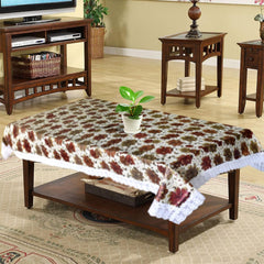 Heart Home Flower Printed PVC 4 Seater Center Table Cover, Protector with White Lace Border, 40"x60" (Brown)