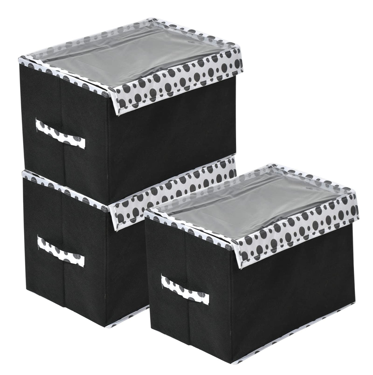 Heart Home Dot Printed Multiuses Medium Non-Woven Storage Box/Organizer With Tranasparent Lid- Pack of 3 (Black) -44HH0419