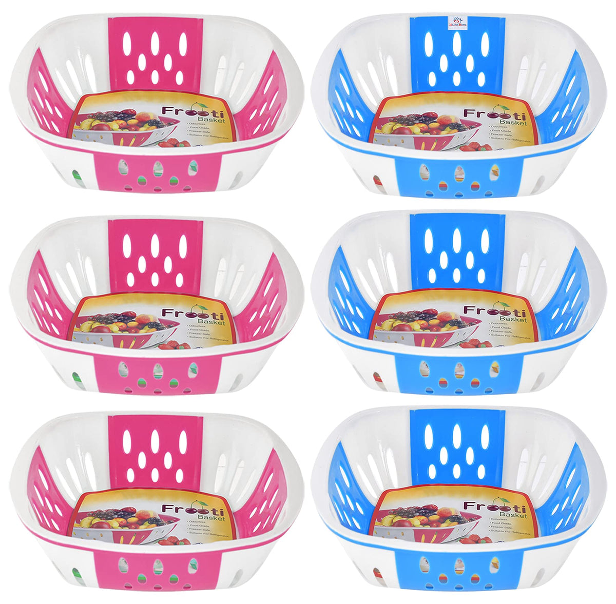 Heart Home Large Plastic Fruit, Vegetable Storage Basket- Pack of 6 (Pink & Blue)-HS42KUBMART25429