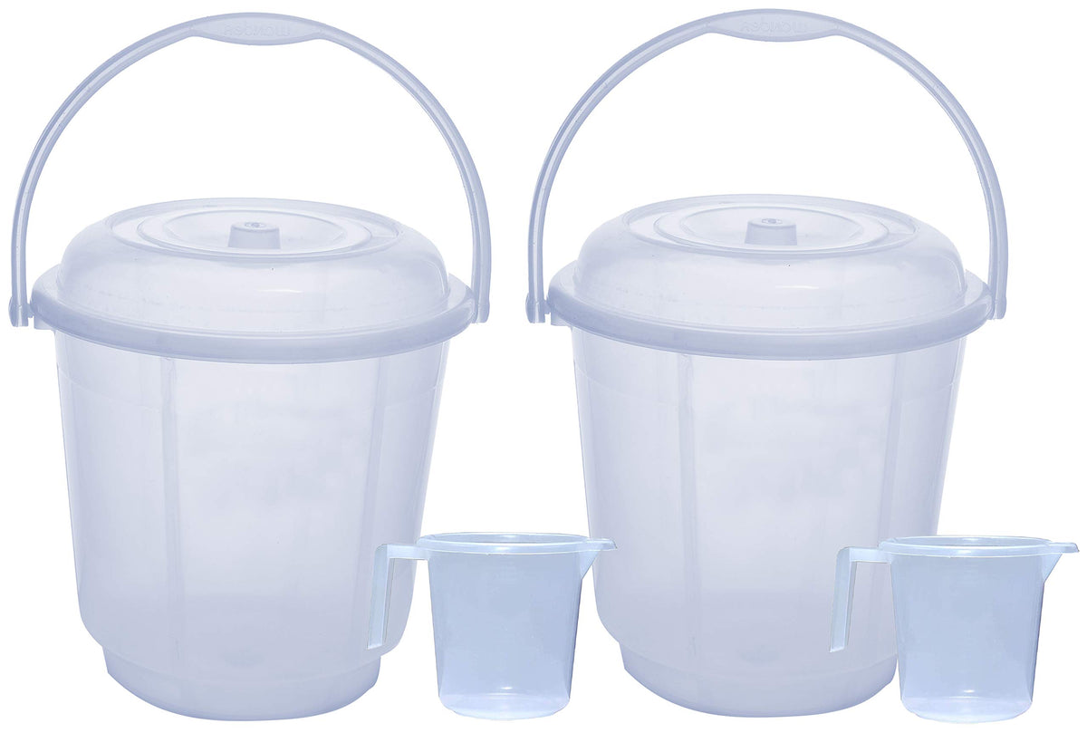 Kuber Industries 4 Pieces Unbreakable Virgin Plastic Bathroom Bucket with Lid with Mug Combo Transparent, (2 Pc 18 LTR Bucket with Lid & 2 Pc 2 LTR Mug)-KUBMART840, White, Standard