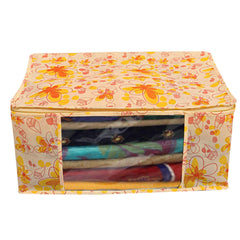 Fun Homes Flower Printed 4 Pieces Non Woven Fabric Saree Cover/Clothes Organiser for Wardrobe Set with Transparent Window, Extra Large (Ivory & Red)