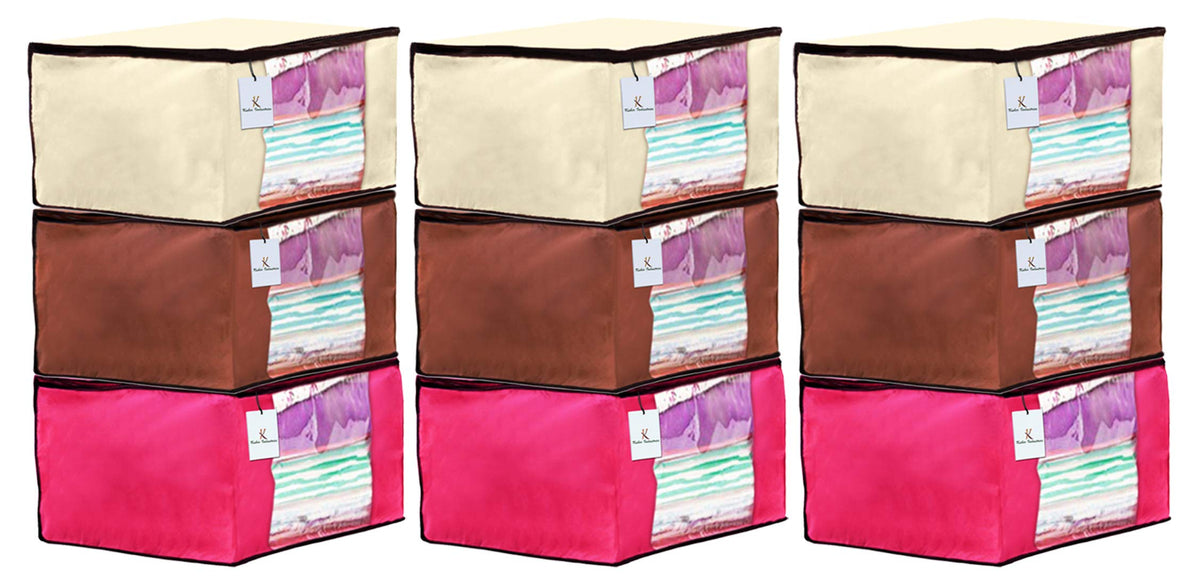 Heart Home 9 Piece Non Woven Fabric Saree Cover Set with Transparent Window, Extra Large, Ivory,Pink,Dark Brown CTHH14147