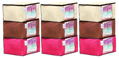 Heart Home 9 Piece Non Woven Fabric Saree Cover Set with Transparent Window, Extra Large, Ivory,Pink,Dark Brown CTHH14147