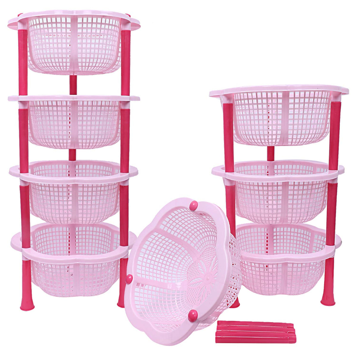 Kuber Industries Plastic 2 Pieces 4 Layer Multi-Purpose Kitchen Storage Basket Rack (Pink)-Ctktc25217