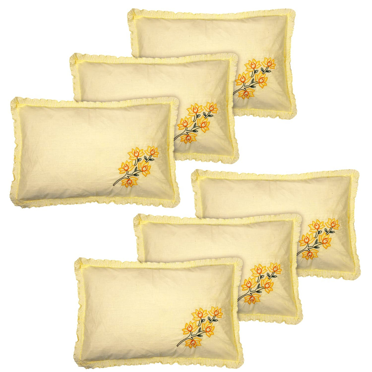 Kuber Industries Embroidery Pattern Breathable & Soft Cotton Pillow Cover for Sofa, Couch, Bed, Set of 6 (Yellow) 54KM4118