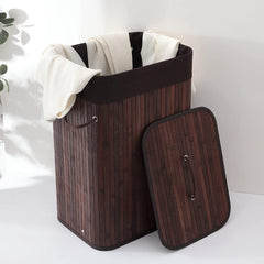 Kuber Industries Bamboo Basket With Lid|Foldable Laundry Basket For Clothes|Durable Rope Handles & Removable Bag|Dark Brown
