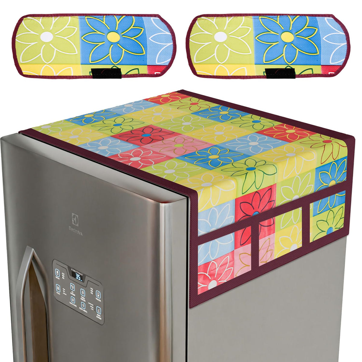 Heart Home Fridge Top Cover & Handle Cover Set | Fridge Top & Handle Cover Set | Refrigerator Cover & Handle Cover Combo Set | Check Fridge & Handle Cover | Yellow