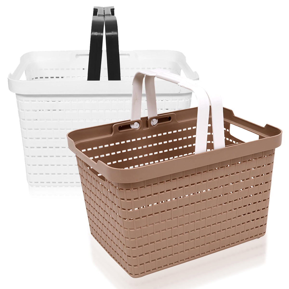 Kuber Industries Basket | Plastic Fruits Storage Basket | Picnic Storage Basket | Kitchen Storage Basket | Stationery Storage Basket | FLORA-333 | Pack of 2 | White & Coffee