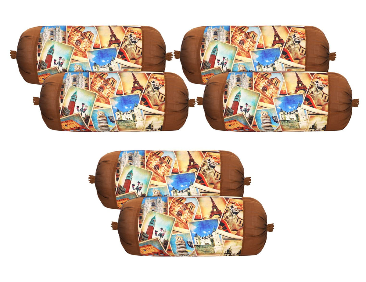 Kuber Industries Bolster Cover|Polyester Bolster Cover Set|Diwan Round Bolster Pillow Covers|Luxurious Tourist Places Print Roll Masand Cover|Pack of 6 (Cream)