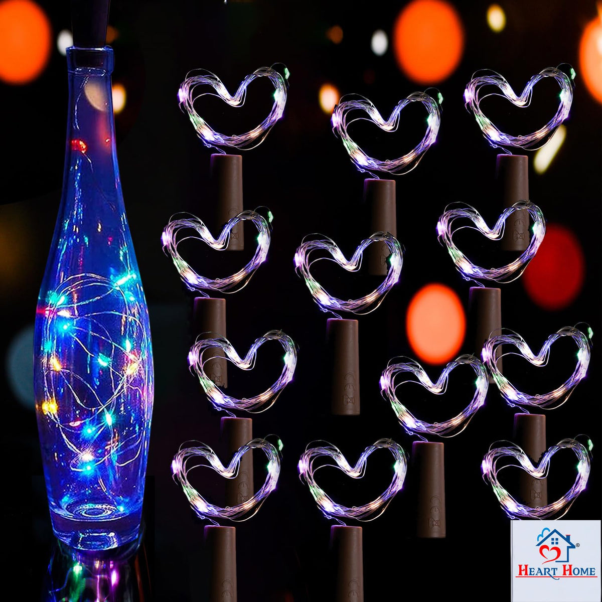 Heart Home Wine Bottle String Lights | 20 LED Bottle Cork Copper Wire String Lights | Wine Bottle Lights for Home Decoartion | Battery Powered | Pack of 12 | Multi