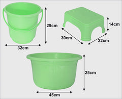 Kuber Industries 3 Pieces Plastic Bucket, Stool & Tub Set (Green)