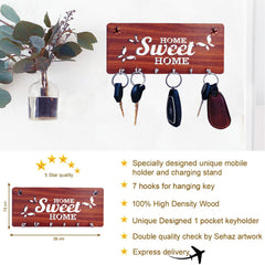 Kuber Industries Wood Sweet Home Design 7 Hooks Mounted Key Holder for Wall & Home Decor (Brown)